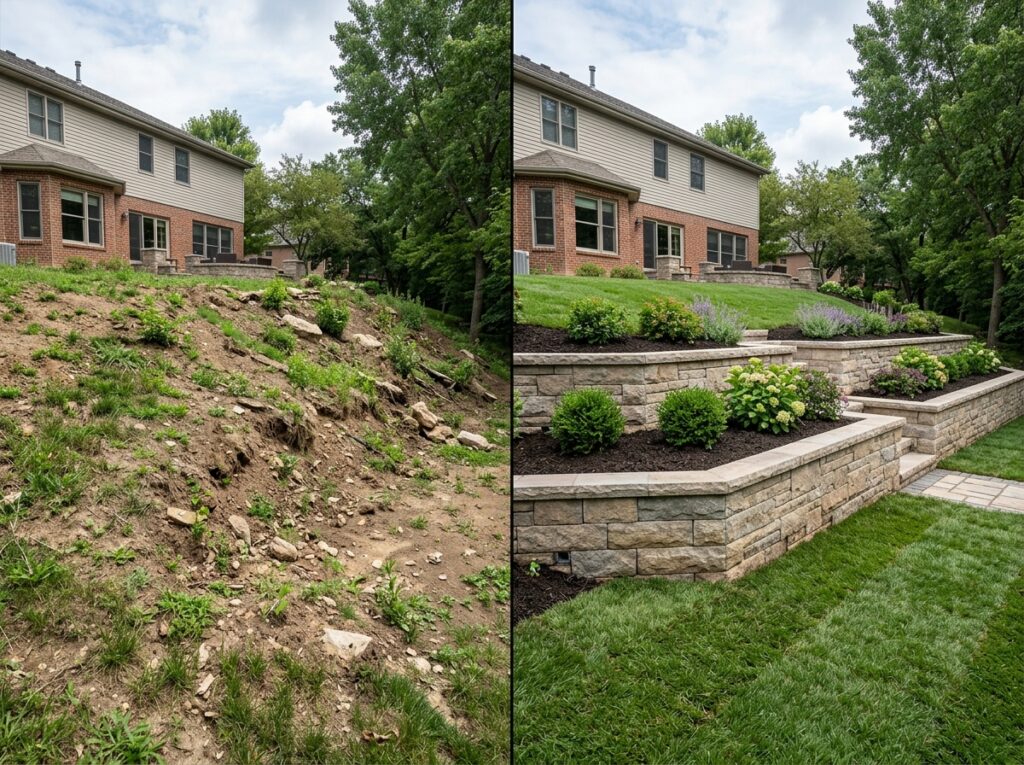 Backyard retaining wall transformation in New Jersey