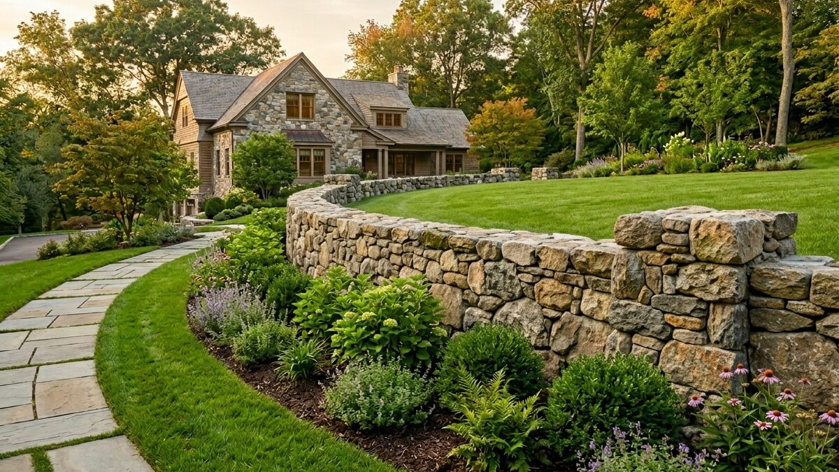 Natural stone retaining wall installation in New Jersey