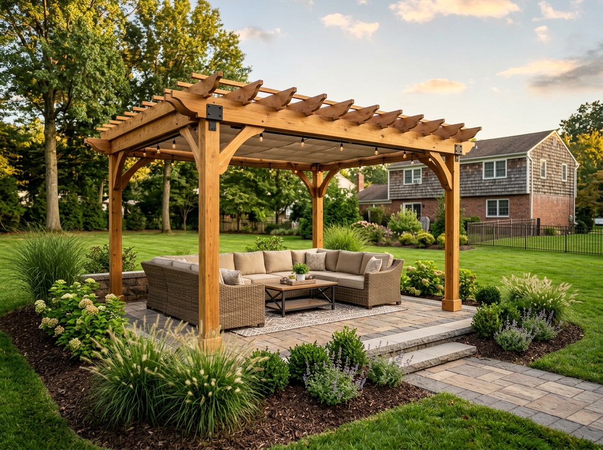 Pergola shade structure installed in a New Jersey backyard