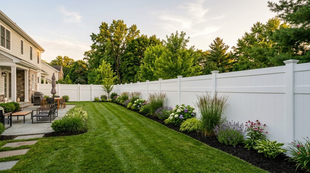 White vinyl privacy fence installed in a New Jersey backyard
