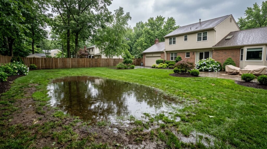 Backyard with a large puddle in a muddy lawn, beige two-story house, wooden fence, and trimmed shrubs.